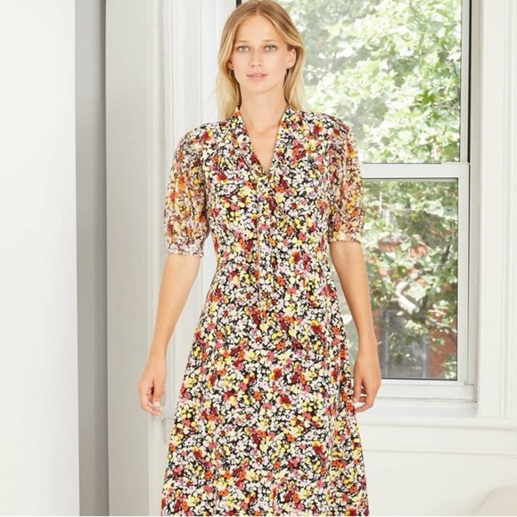 Who What Wear Dresses & Skirts - Who What Wear Sz Large FLAWED Floral Midi Length Summer Dress Sheer Puff Sleeves